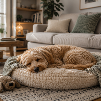 the dog cozy sleeping in the bed 
