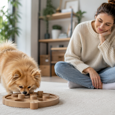 Dog using a food enrichment toy while owner carefully supervises during separation anxiety training.