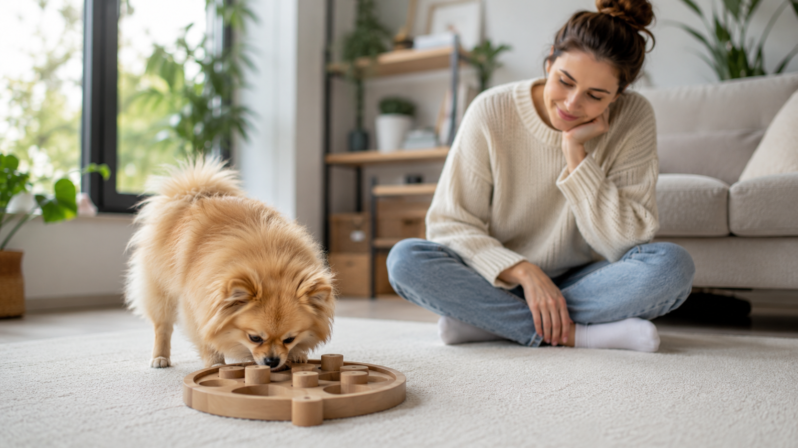 Dog using a food enrichment toy while owner carefully supervises during separation anxiety training.