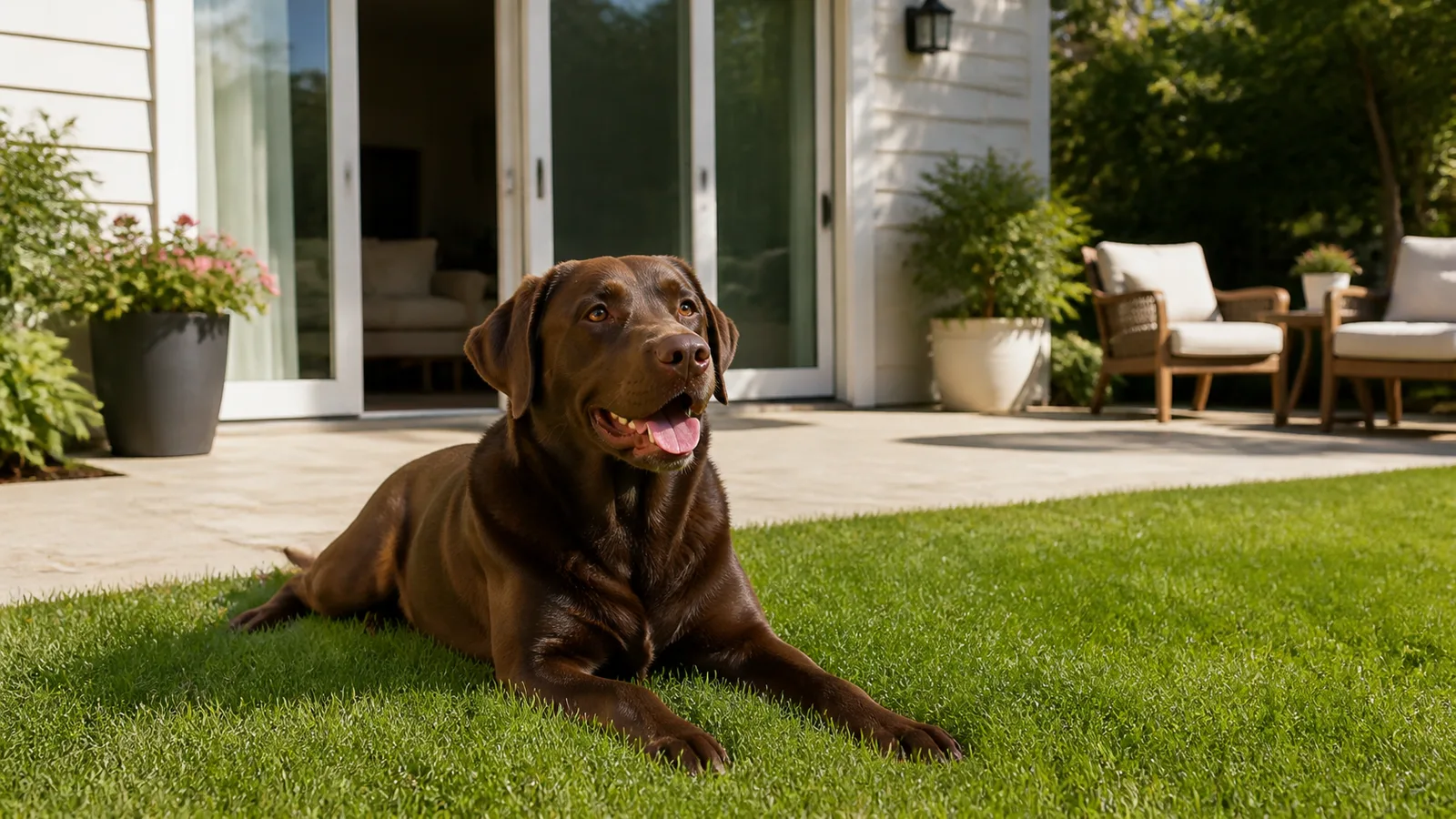 Chocolate Labrador lying happily in the grass near a house patio door