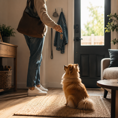 dog watching owner pick up keys, alert posture, indoor home setting, natural light