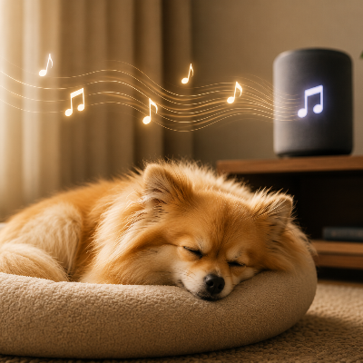 Relaxed dog resting peacefully while calming music plays in the background.