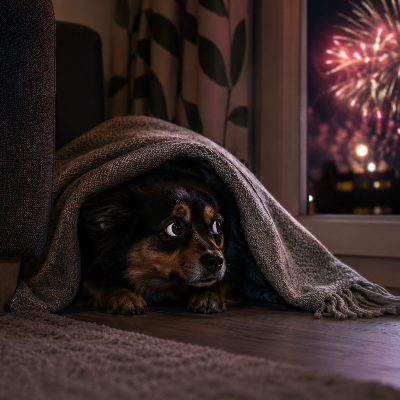 dog resting indoors during storm with visible alert posture, soft lighting, calm home environment