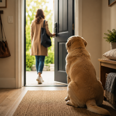 dog calmly watching owner leave home, soft natural light, peaceful home environment