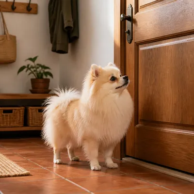 Pomeranian standing alert by a wooden door in a rustic apartment entryway