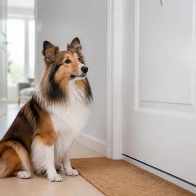 Sheltie sitting alert by a white front door in a bright apartment entryway