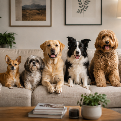different dog breeds sitting together calmly indoors, natural light, relaxed environment
