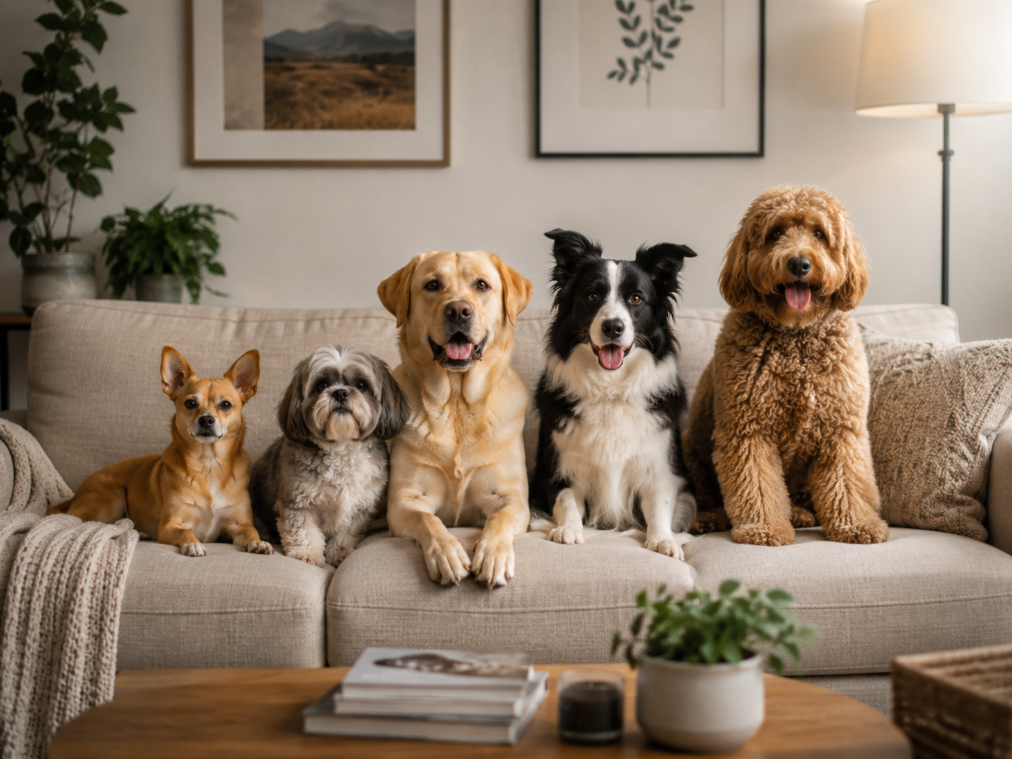 different dog breeds sitting together calmly indoors, natural light, relaxed environment