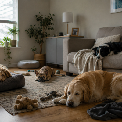 dog separation anxiety, dog behavior, bored dog, anxious dog, dog barking alone, dog destruction, dog training