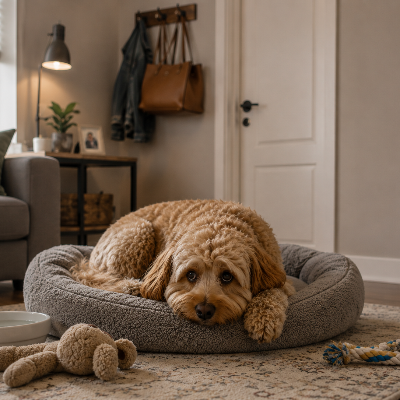 dog sitting near door watching owner leave in a calm home setting, natural light