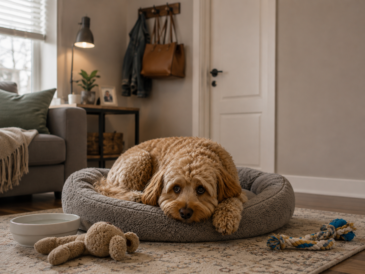dog sitting near door watching owner leave in a calm home setting, natural light