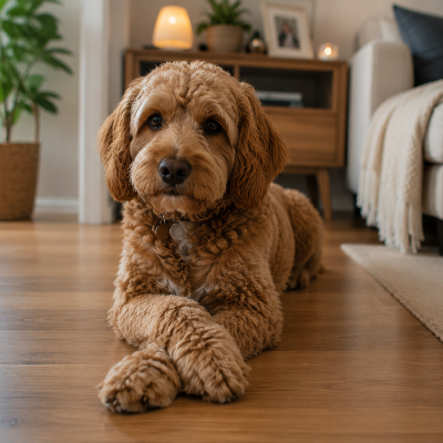 dog lying still but alert on couch while alone at home, indoor natural light