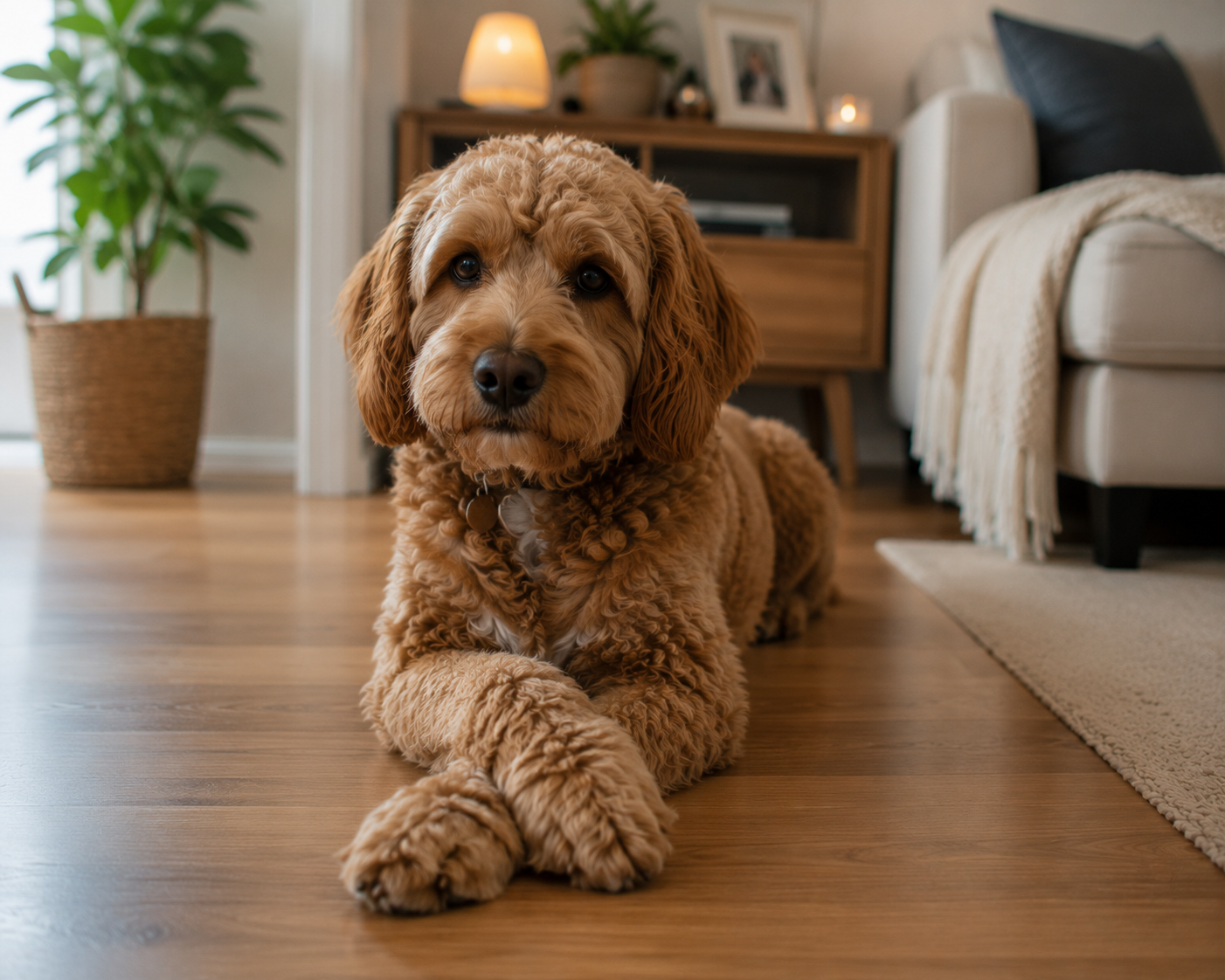 dog lying still but alert on couch while alone at home, indoor natural light