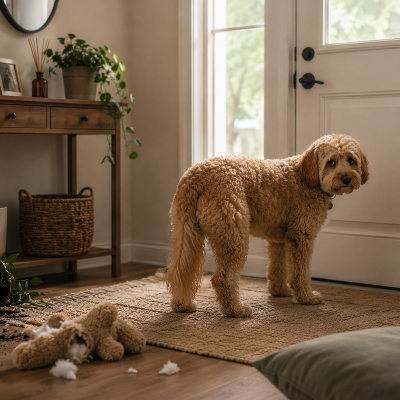 dog standing near door in home environment after being left alone, indoor natural light