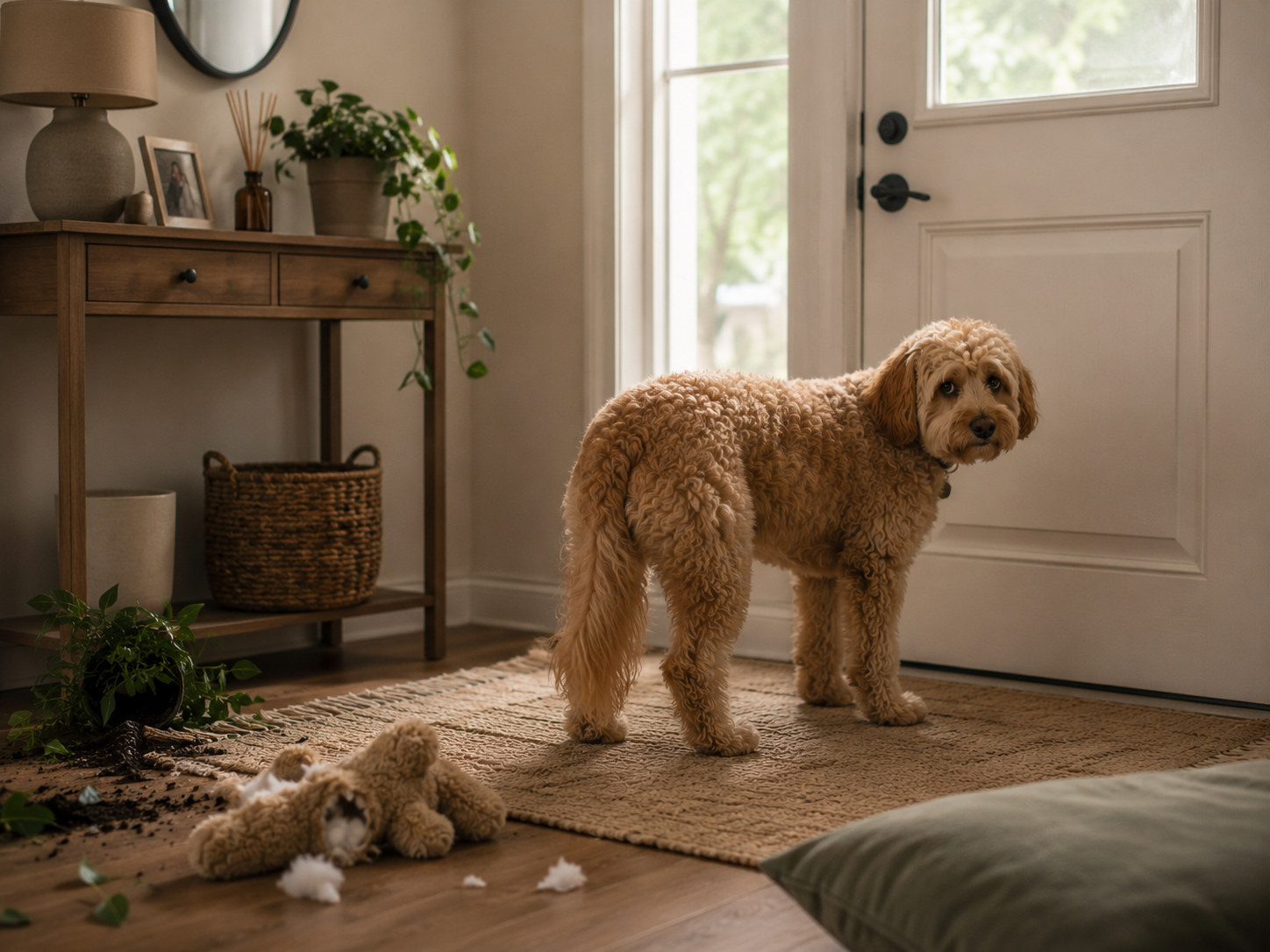 Perro de pie junto a la puerta en casa después de haberse quedado solo, con luz natural interior.