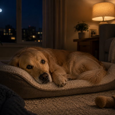 dog lying awake on couch at night while home alone, dim indoor lighting