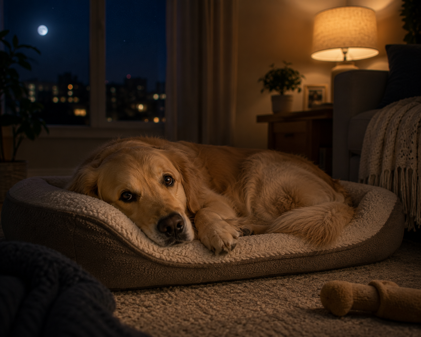 dog lying awake on couch at night while home alone, dim indoor lighting