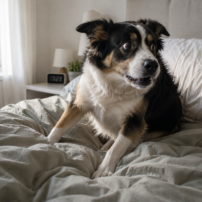 dog lying on couch then alert after waking while alone at home, indoor natural light