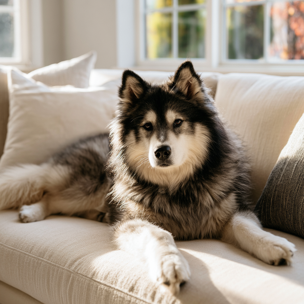 dog ignoring Kong toy while alone at home, alert posture and watching environment