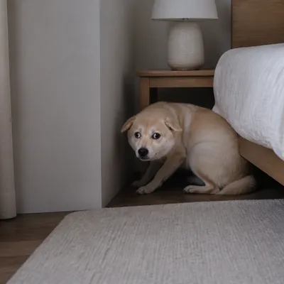 Shiba Inu crouching in a quiet apartment bedroom corner beside the bed