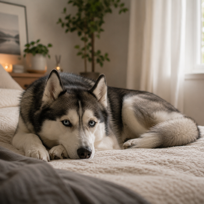dog lying calmly on bed in quiet home environment, relaxed posture, soft natural light