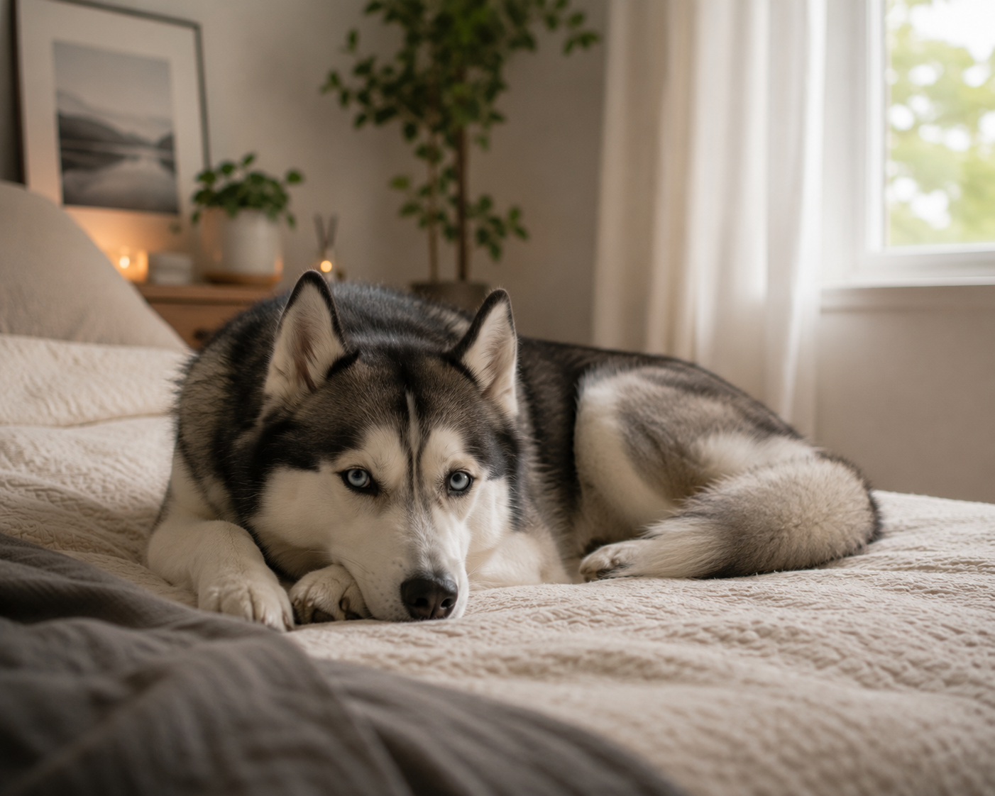 Perro tumbado tranquilo en su cama en un hogar silencioso, con postura relajada y luz natural suave.