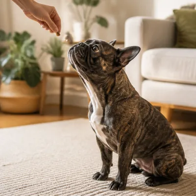 French bulldog sitting and waiting for a treat during training in a living room