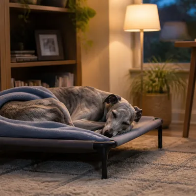 Whippet asleep on a raised dog cot in a quiet home office corner