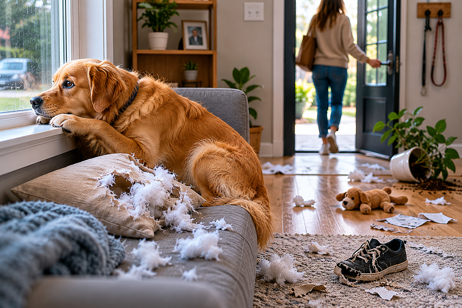 Dog sitting near the front door waiting for its owner while home alone.