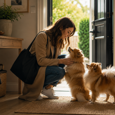 dog sitting near door watching owner leave, calm home environment, natural light