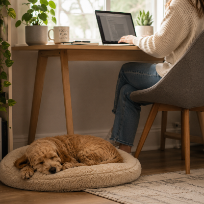 puppy resting near owner working from home at desk, calm indoor environment with natural light