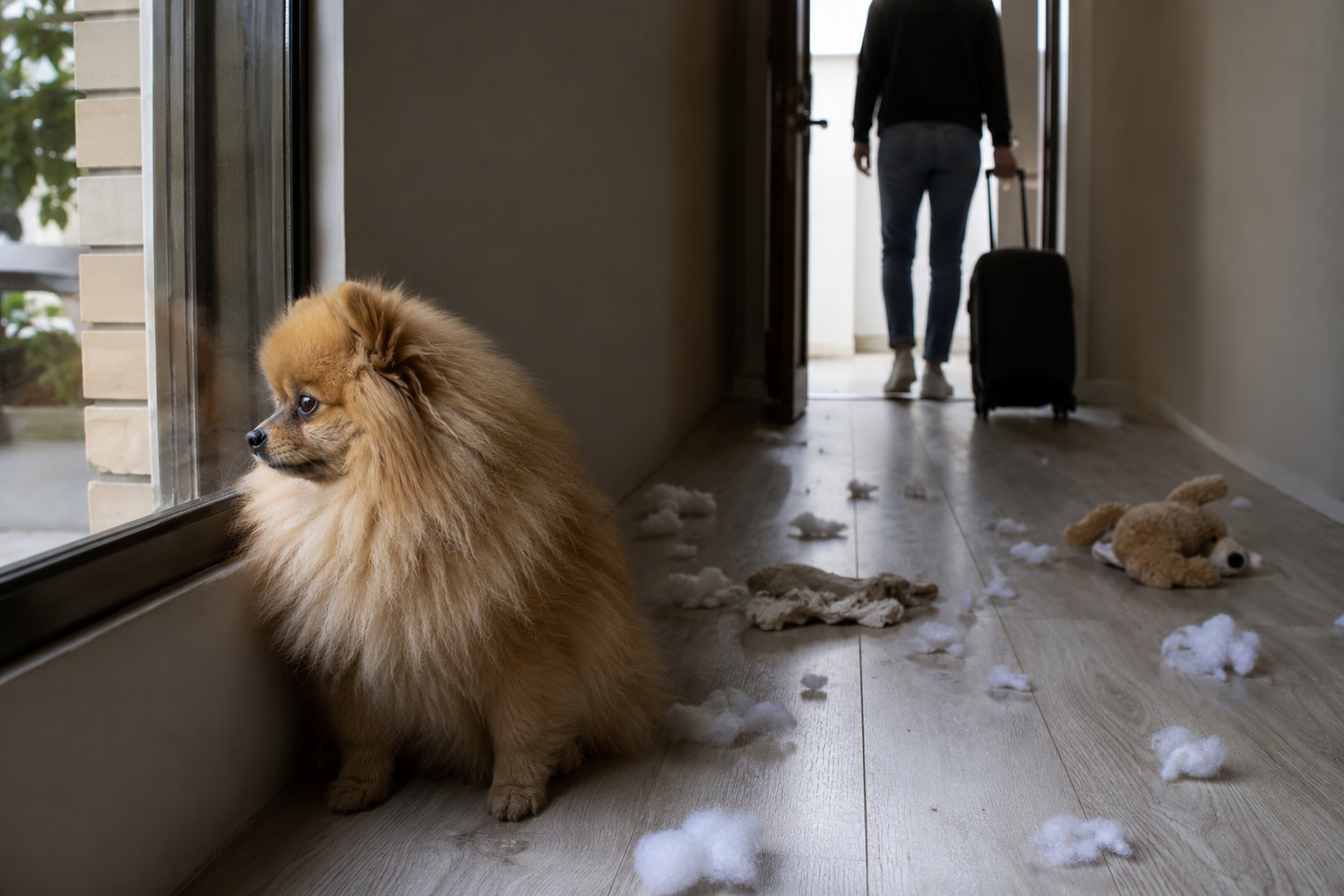 Dog sitting near the front door waiting for its owner, illustrating separation anxiety in dogs.