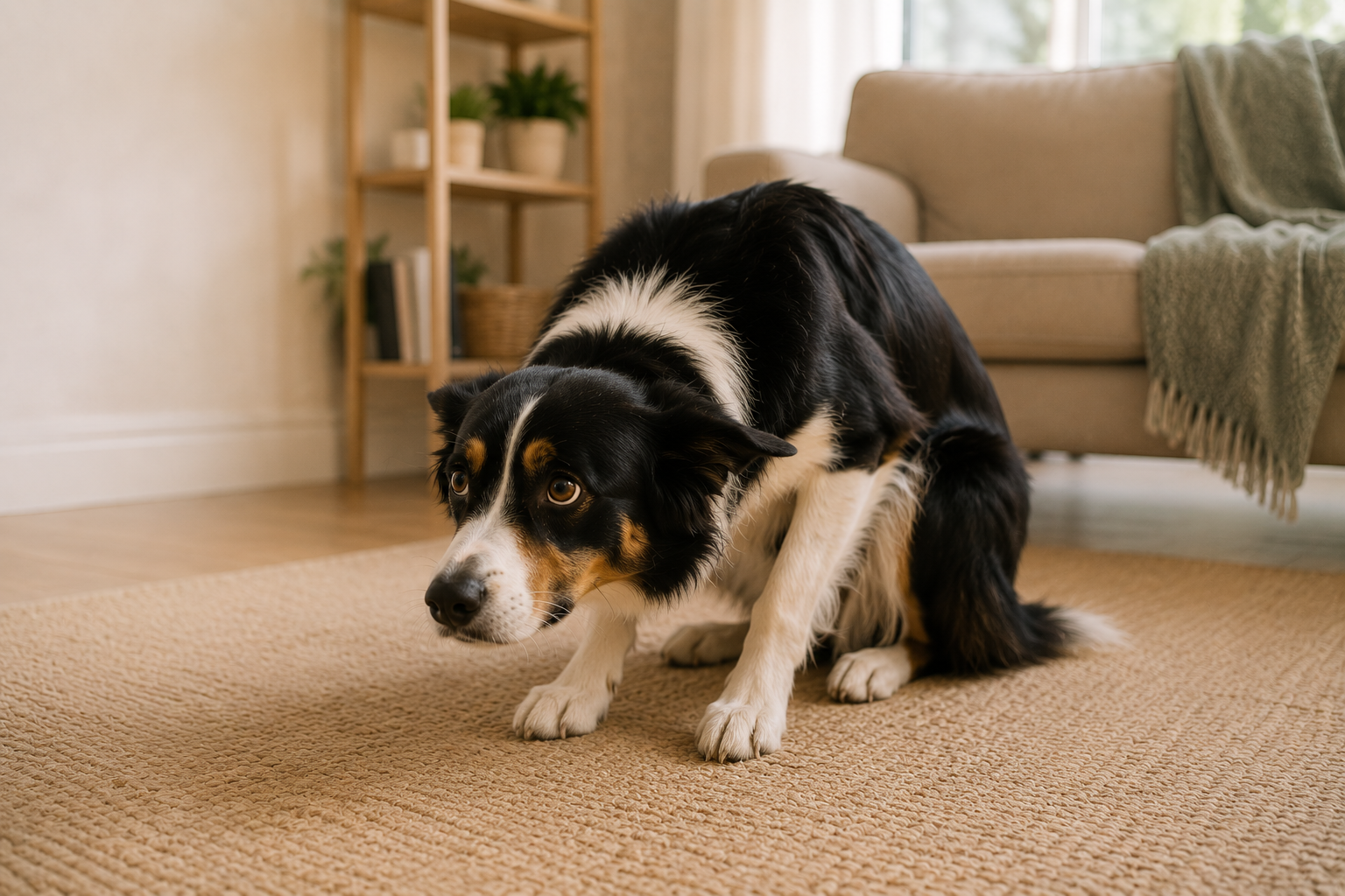 Dog showing subtle signs of stress while observing its environment.