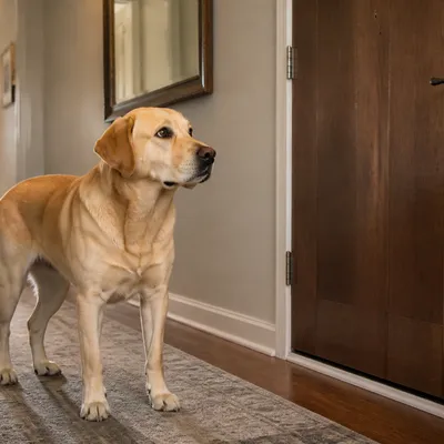Labrador standing alert by a wooden front door in a narrow apartment hallway