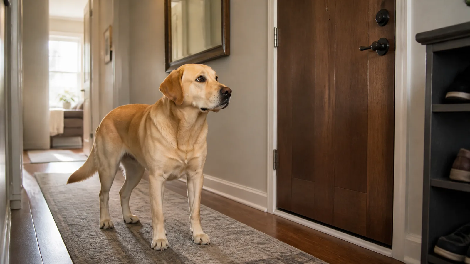 Labrador de pie y alerta junto a una puerta de madera en el pasillo estrecho de un piso.