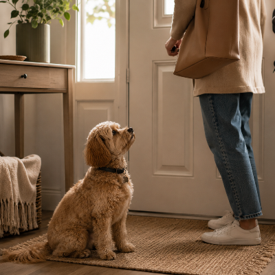 dog sitting near door while owner prepares to leave, calm but attentive posture, indoor home environment