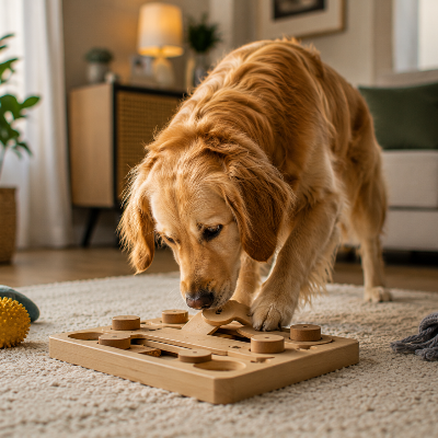 dog sniffing hidden treats on apartment floor, focused and calm behavior, indoor setting