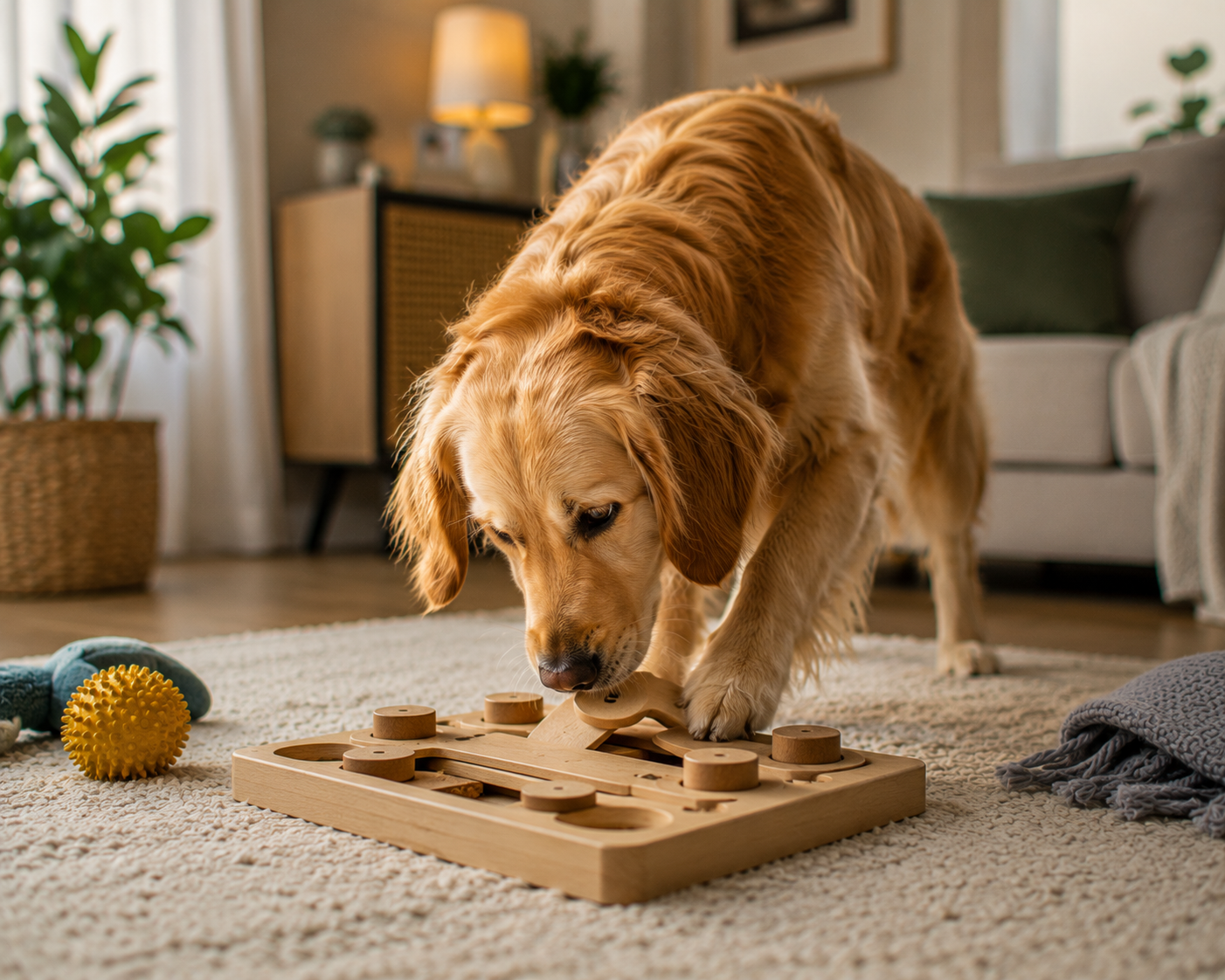 dog sniffing hidden treats on apartment floor, focused and calm behavior, indoor setting