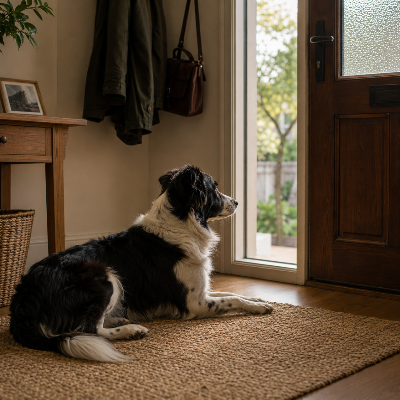 dog lying still near door while alone at home, alert posture and watching environment