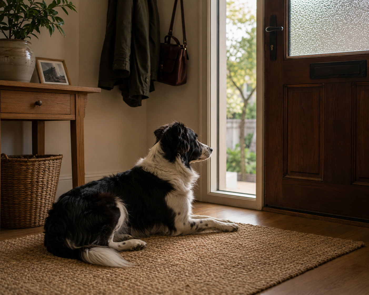 dog lying still near door while alone at home, alert posture and watching environment