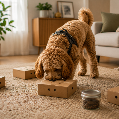 dog sniffing treats hidden in indoor environment, focused and calm posture, soft natural light