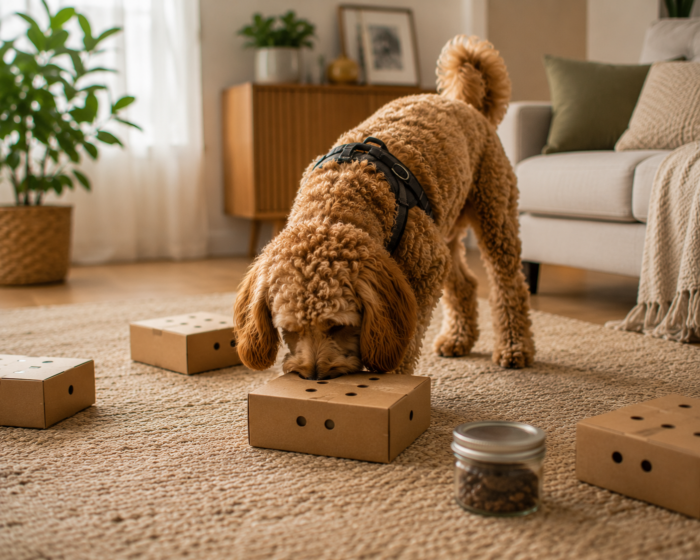 dog sniffing treats hidden in indoor environment, focused and calm posture, soft natural light