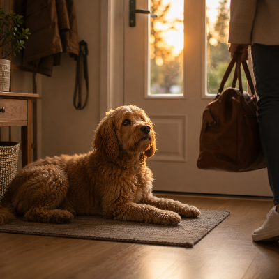 dog waiting near door in evening light while owner prepares to leave, indoor calm environment