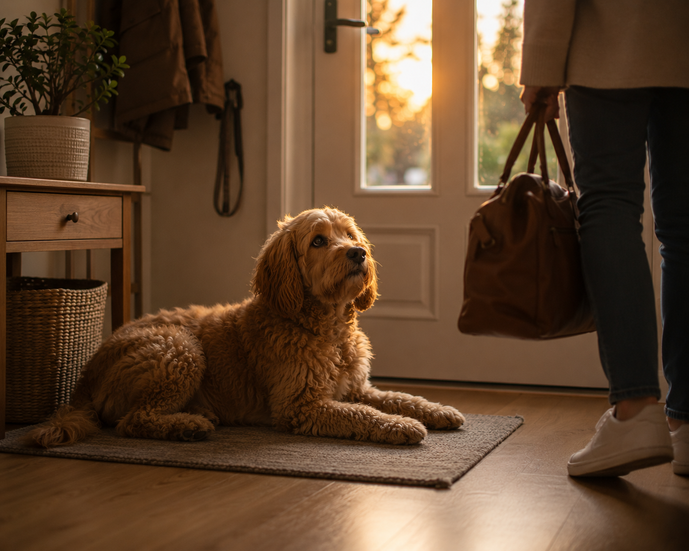 dog waiting near door in evening light while owner prepares to leave, indoor calm environment