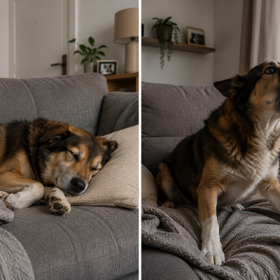 dog lying asleep on couch then alert and barking after waking while home alone