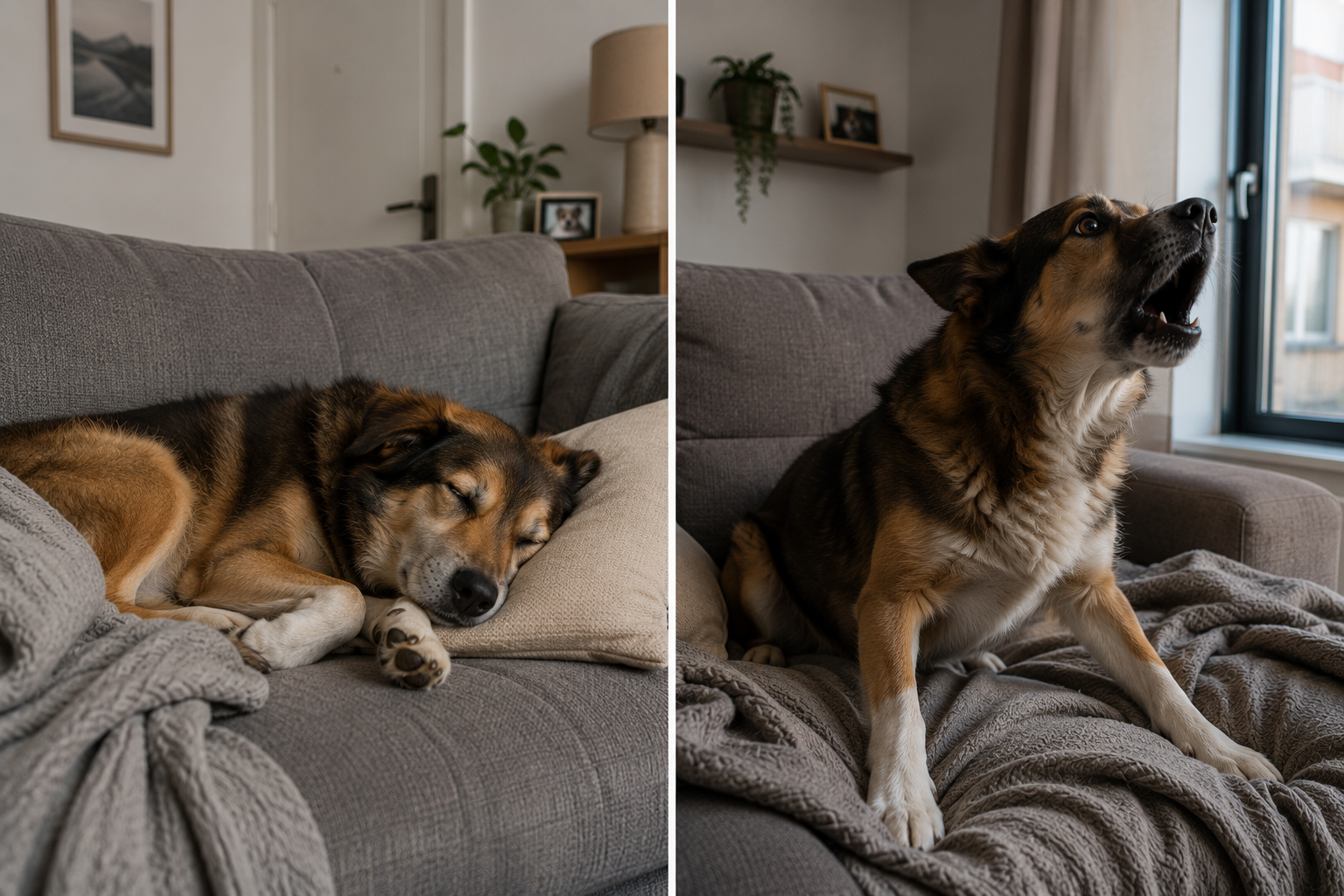 dog lying asleep on couch then alert and barking after waking while home alone