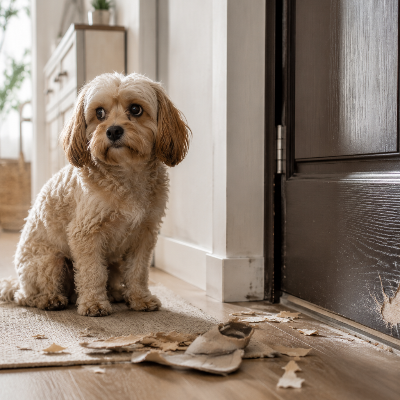 Dog sitting near a scratched door looking anxious after being left alone.