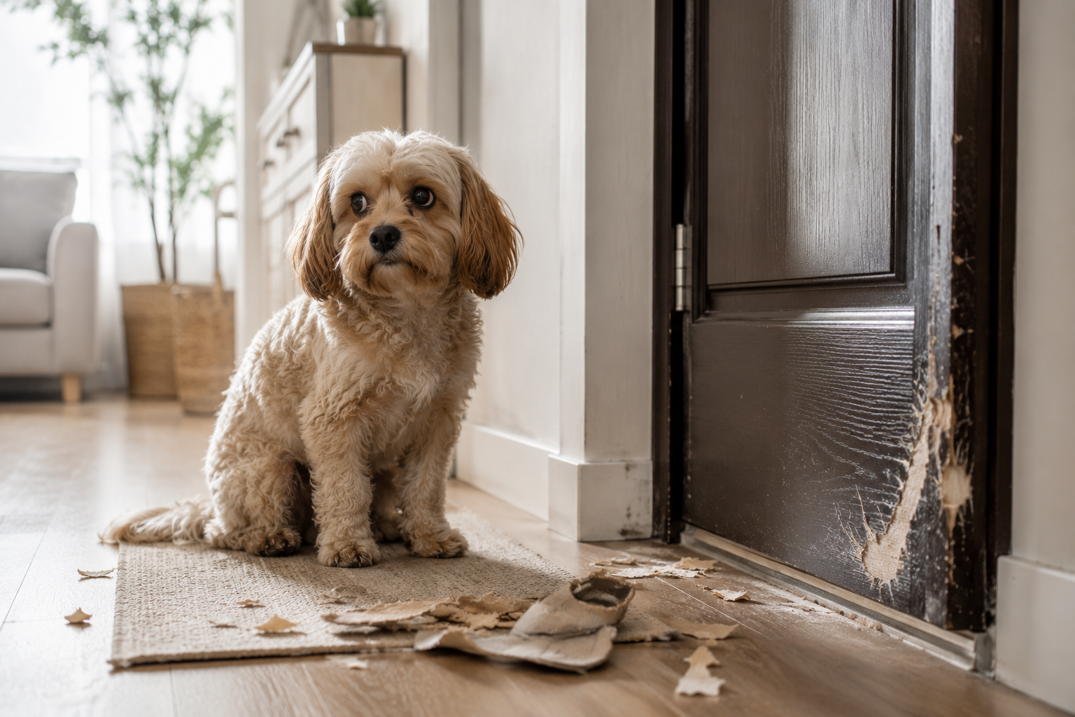 Dog sitting near a scratched door looking anxious after being left alone.