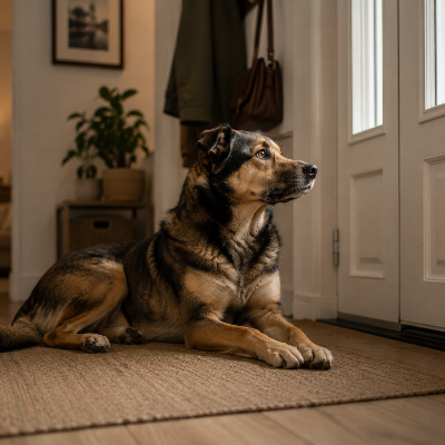 dog lying near front door while alone at home, alert posture and watching environment