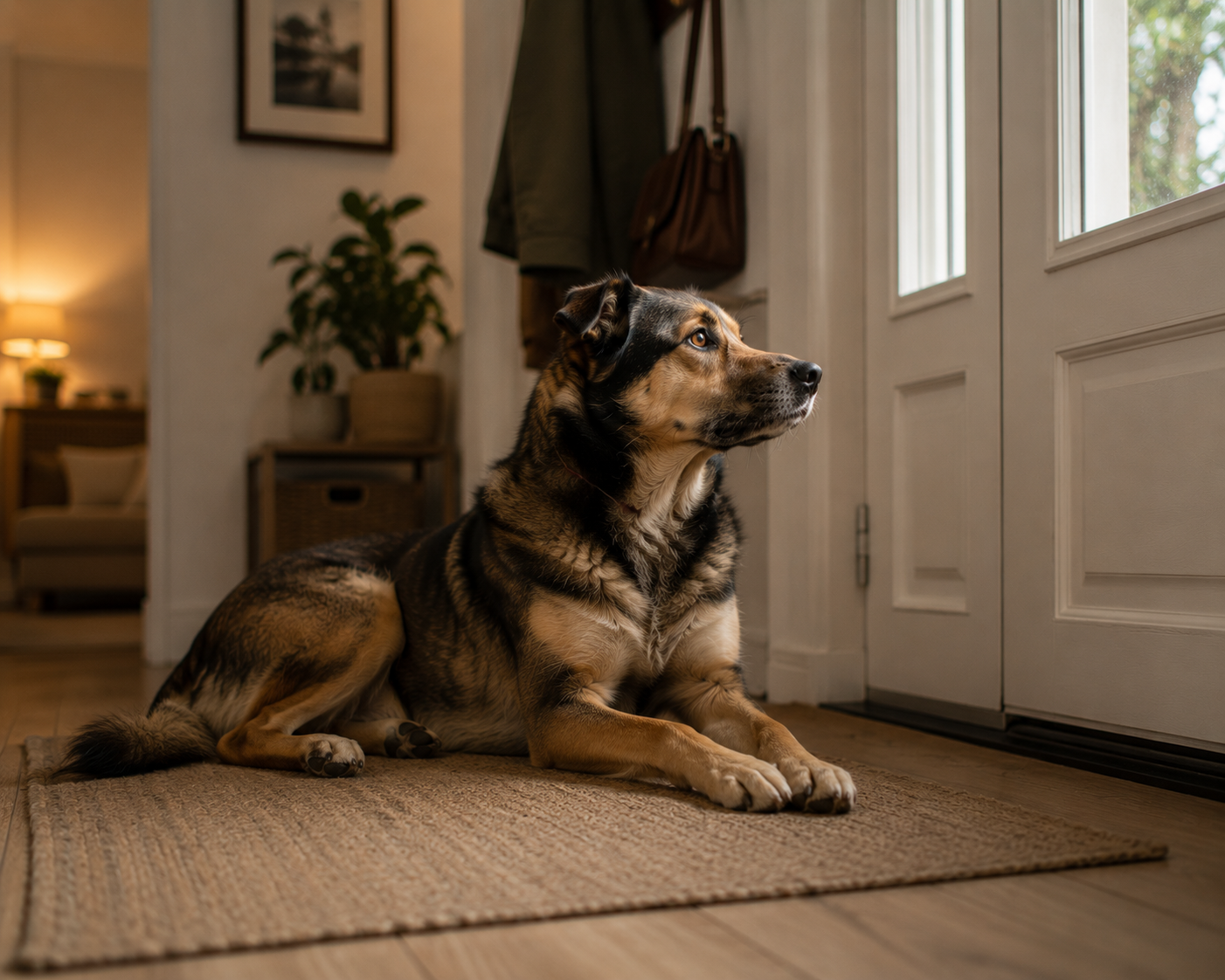 dog lying near front door while alone at home, alert posture and watching environment